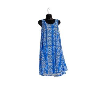 Isla Bonita India Boutique Blue White Geometric Batik Sleeveless Swing Dress NEW